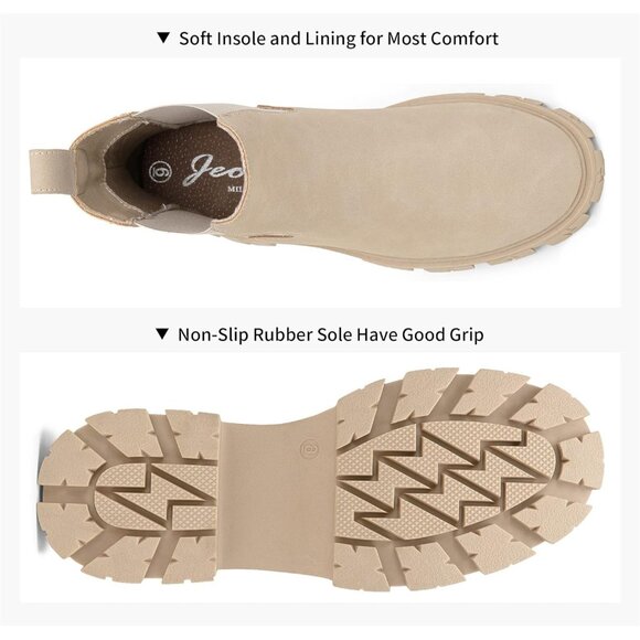 🆕Women Chelsea Lug Sole-9620-beige Synthetic leather Ankle Elastic Band Boot - Picture 10 of 13